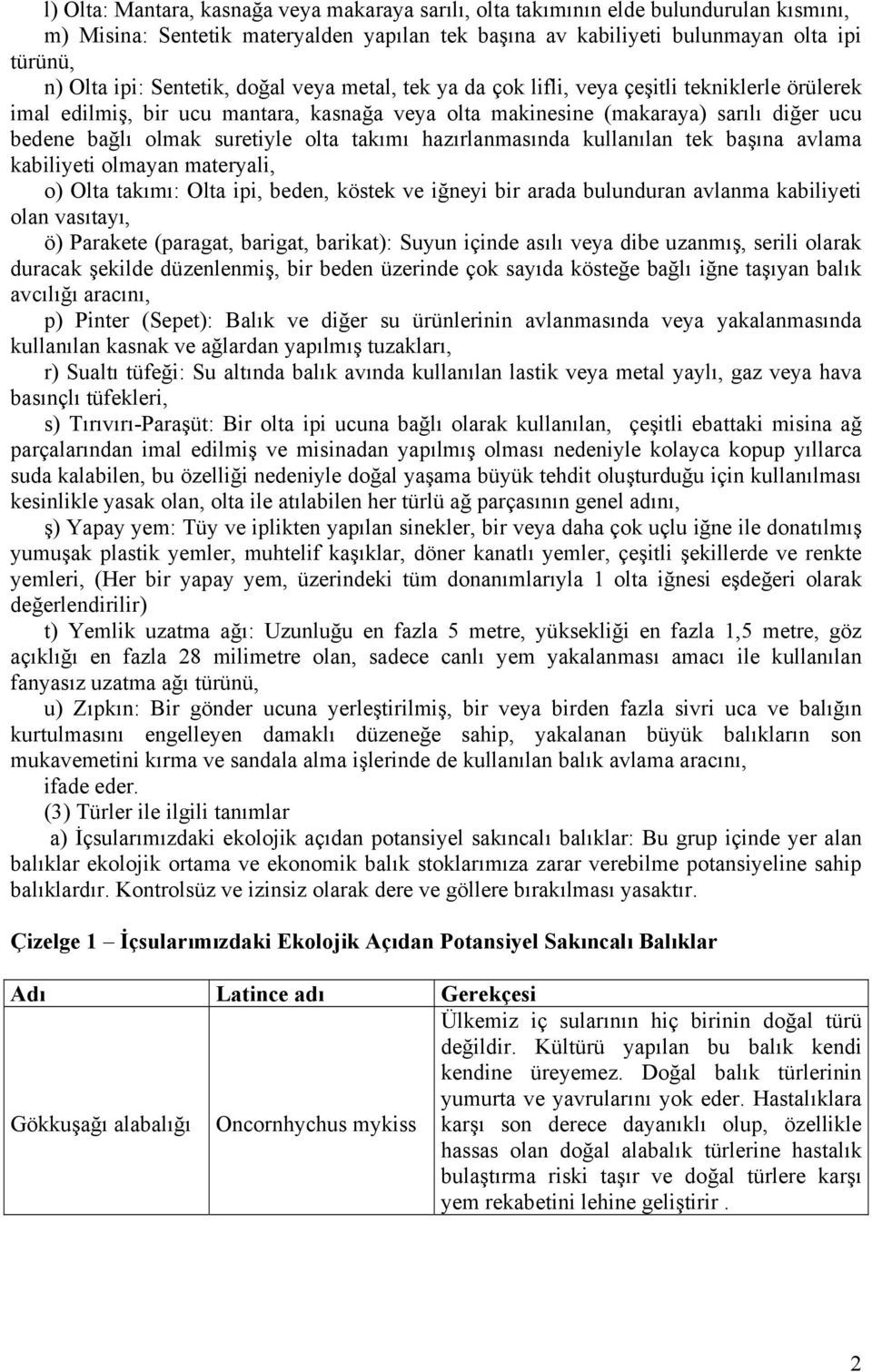 olta takımı hazırlanmasında kullanılan tek başına avlama kabiliyeti olmayan materyali, o) Olta takımı: Olta ipi, beden, köstek ve iğneyi bir arada bulunduran avlanma kabiliyeti olan vasıtayı, ö)