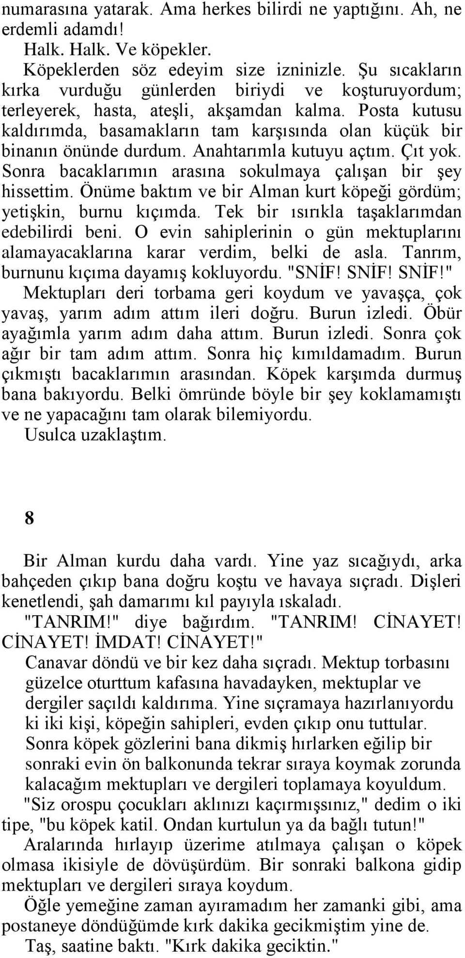 Anahtarımla kutuyu açtım. Çıt yok. Sonra bacaklarımın arasına sokulmaya çalışan bir şey hissettim. Önüme baktım ve bir Alman kurt köpeği gördüm; yetişkin, burnu kıçımda.