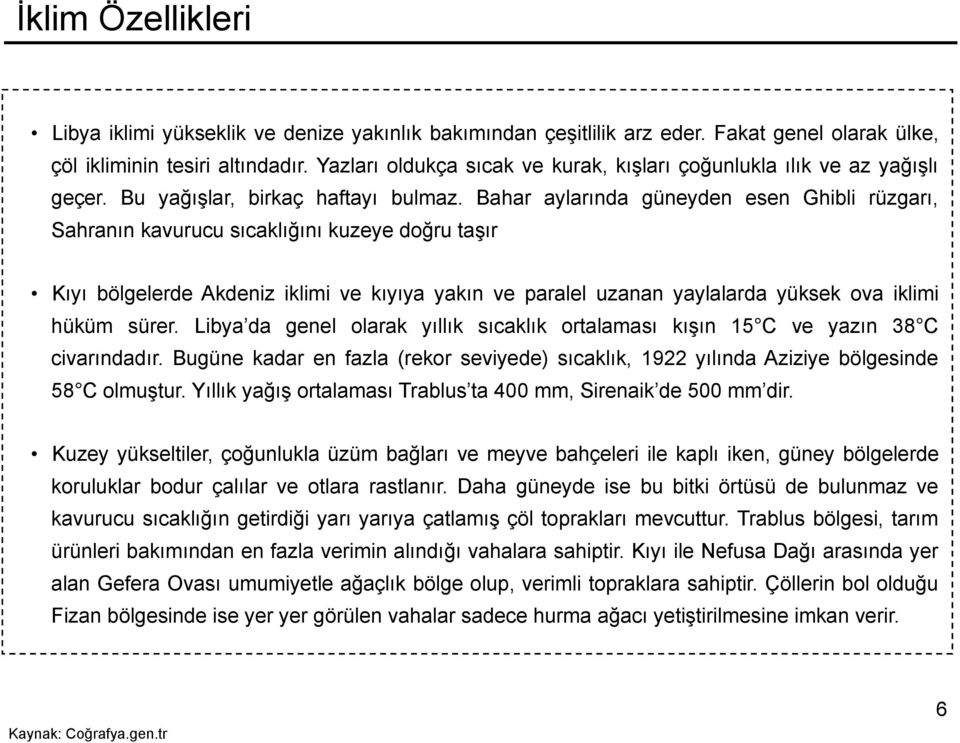 Bahar aylarında güneyden esen Ghibli rüzgarı, Sahranın kavurucu sıcaklığını kuzeye doğru taşır Kıyı bölgelerde Akdeniz iklimi ve kıyıya yakın ve paralel uzanan yaylalarda yüksek ova iklimi hüküm