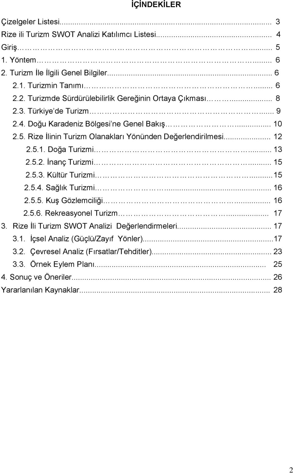 .. 15 2.5.3. Kültür Turizmi... 15 2.5.4. Sağlık Turizmi... 16 2.5.5. KuĢ Gözlemciliği... 16 2.5.6. Rekreasyonel Turizm... 17 3. Rize Ġli Turizm SWOT Analizi Değerlendirmeleri... 17 3.1. Ġçsel Analiz (Güçlü/Zayıf Yönler).