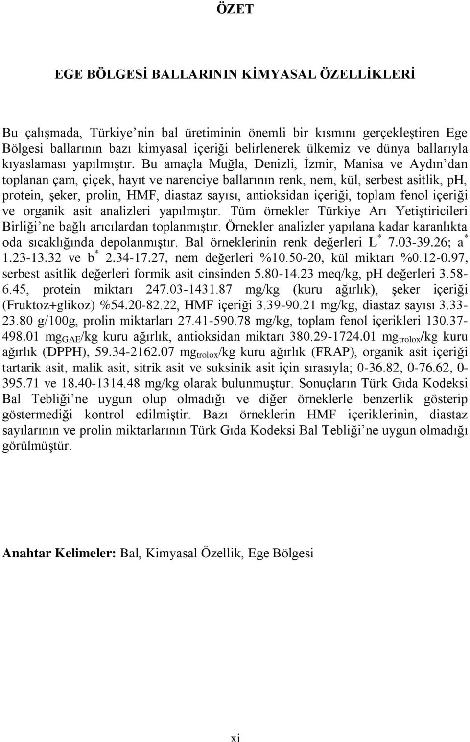 Bu amaçla Muğla, Denizli, İzmir, Manisa ve Aydın dan toplanan çam, çiçek, hayıt ve narenciye ballarının renk, nem, kül, serbest asitlik, ph, protein, şeker, prolin, HMF, diastaz sayısı, antioksidan