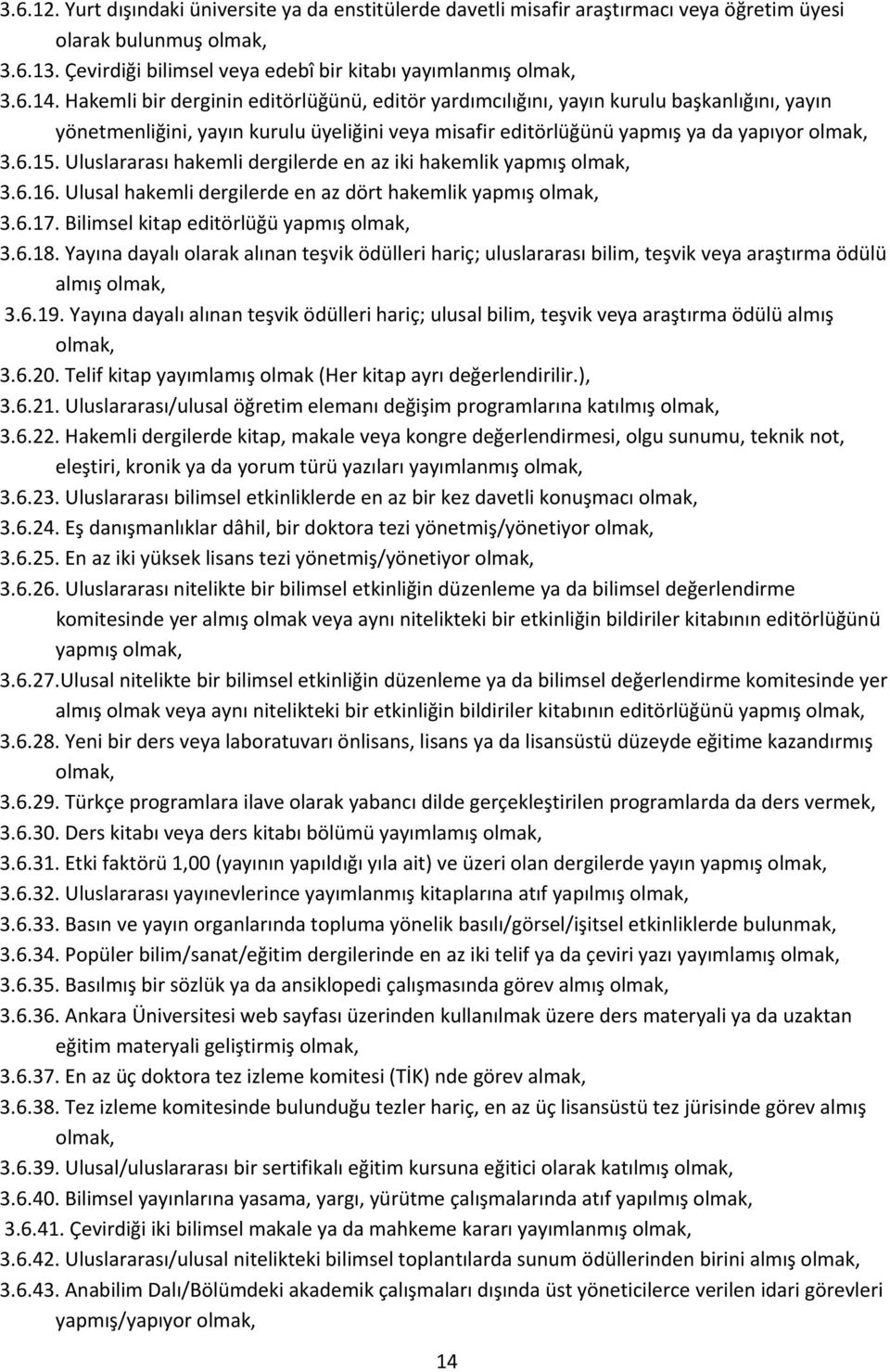 Uluslararası hakemli dergilerde en az iki hakemlik yapmış 3.6.16. Ulusal hakemli dergilerde en az dört hakemlik yapmış 3.6.17. Bilimsel kitap editörlüğü yapmış 3.6.18.