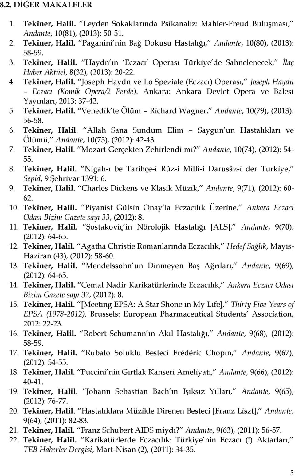 Ankara: Ankara Devlet Opera ve Balesi Yayınları, 2013: 37-42. 5. Tekiner, Halil. Venedik te Ölüm Richard Wagner, Andante, 10(79), (2013): 56-58. 6. Tekiner, Halil. Allah Sana Sundum Elim Saygun un Hastalıkları ve Ölümü, Andante, 10(75), (2012): 42-43.