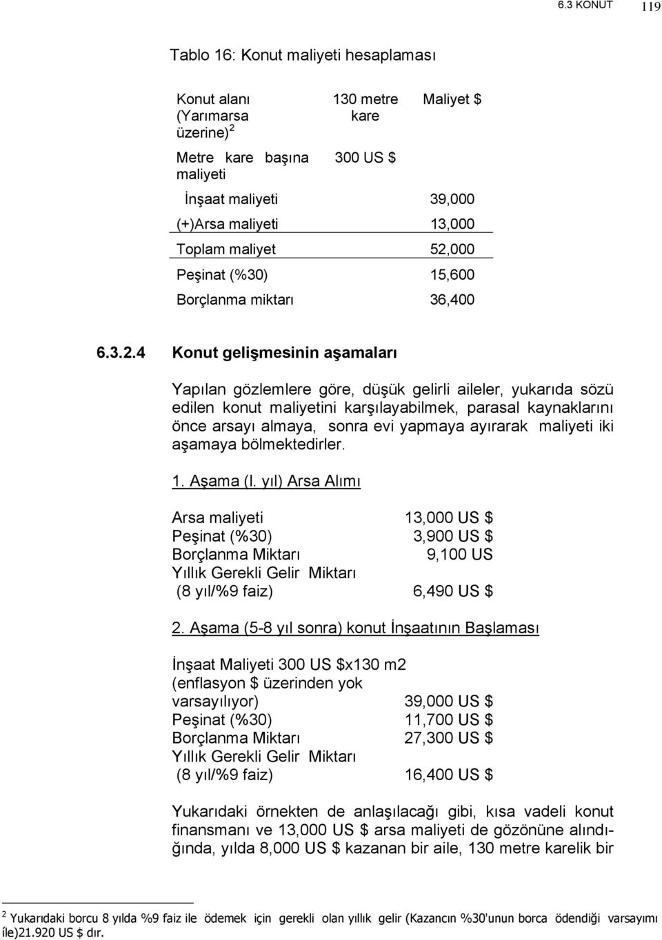 000 Peşinat (%30) 15,600 Borçlanma miktarı 36,400 6.3.2.