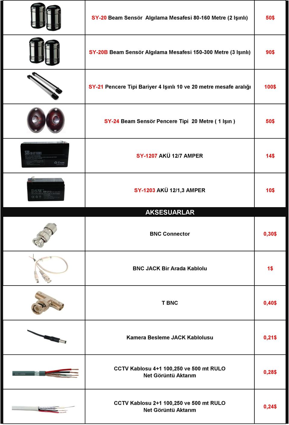 AMPER 14$ SY-1203 AKÜ 12/1,3 AMPER 10$ AKSESUARLAR BNC Connector 0,30$ BNC JACK Bir Arada Kablolu 1$ T BNC 0,40$ Kamera Besleme JACK