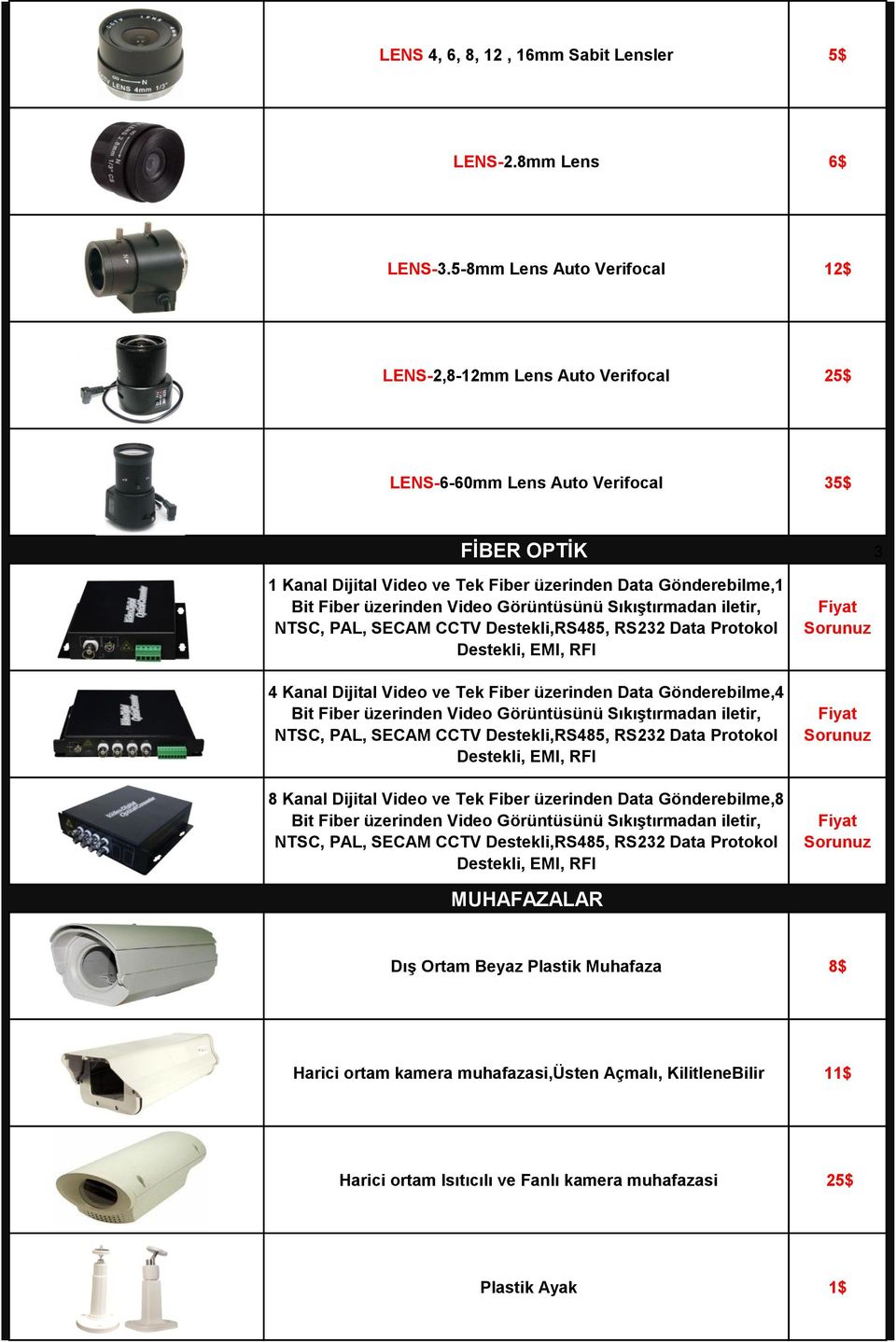 üzerinden Video Görüntüsünü Sıkıştırmadan iletir, NTSC, PAL, SECAM CCTV Destekli,RS485, RS232 Data Protokol Destekli, EMI, RFI 4 Kanal Dijital Video ve Tek Fiber üzerinden Data Gönderebilme,4 Bit