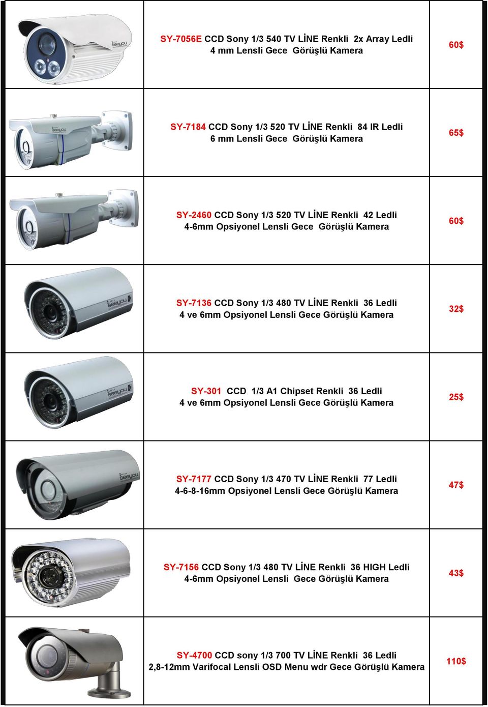 1/3 A1 Chipset Renkli 36 Ledli 4 ve 6mm Opsiyonel Lensli Gece Görüşlü Kamera 25$ SY-7177 CCD Sony 1/3 470 TV LİNE Renkli 77 Ledli 4-6-8-16mm Opsiyonel Lensli Gece Görüşlü Kamera 47$ SY-7156 CCD