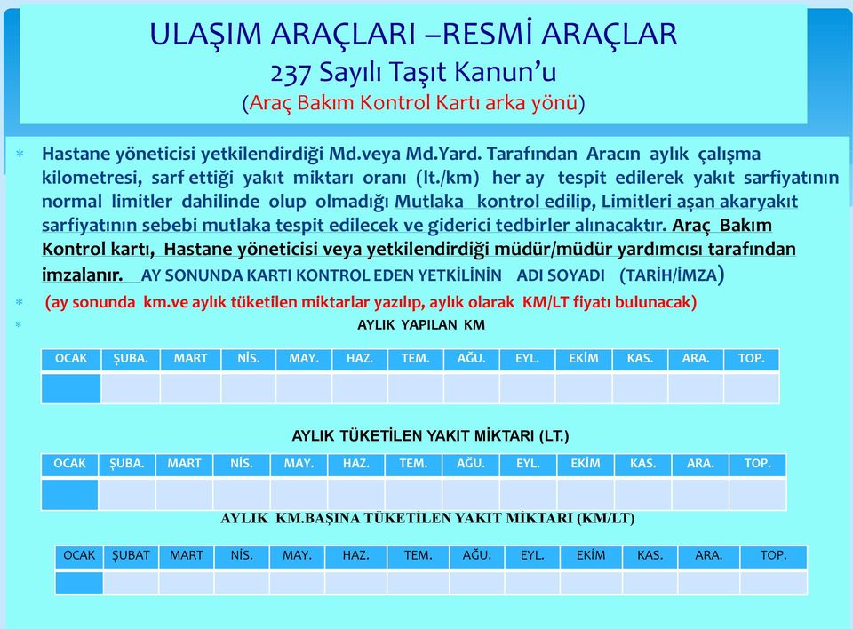 /km) her ay tespit edilerek yakıt sarfiyatının normal limitler dahilinde olup olmadığı Mutlaka kontrol edilip, Limitleri aşan akaryakıt sarfiyatının sebebi mutlaka tespit edilecek ve giderici