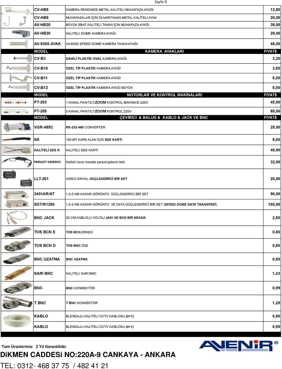 ÖZEL TİP PLASTİK KAMERA AYAĞI 5,00 CV-B12 ÖZEL TİP PLASTİK KAMERA AYAĞI BÜYÜK 5,00 MOTORLAR VE KONTROL MAKİNALARI PT-203 1 KANAL PAN/TILT/ZOOM KONTROL MAKINASI 220V 45,00 PT-205 5 KANAL PAN/TILT/ZOOM