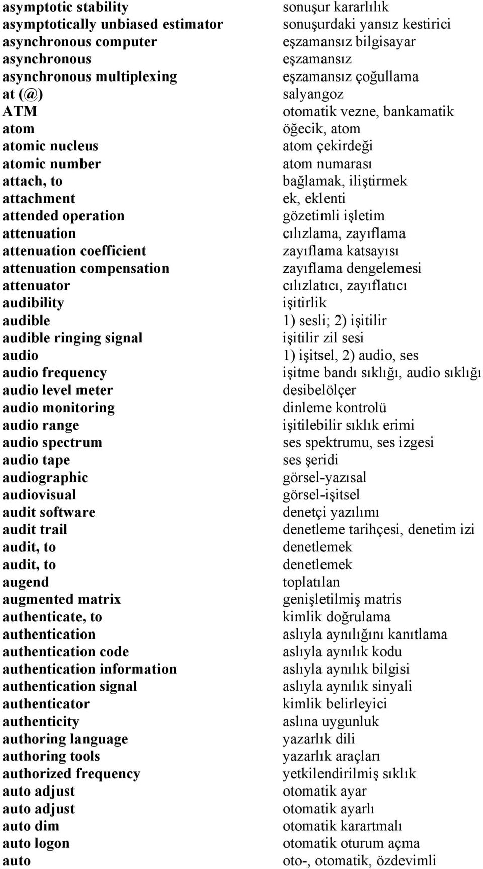 spectrum audio tape audiographic audiovisual audit software audit trail audit, to audit, to augend augmented matrix authenticate, to authentication authentication code authentication information