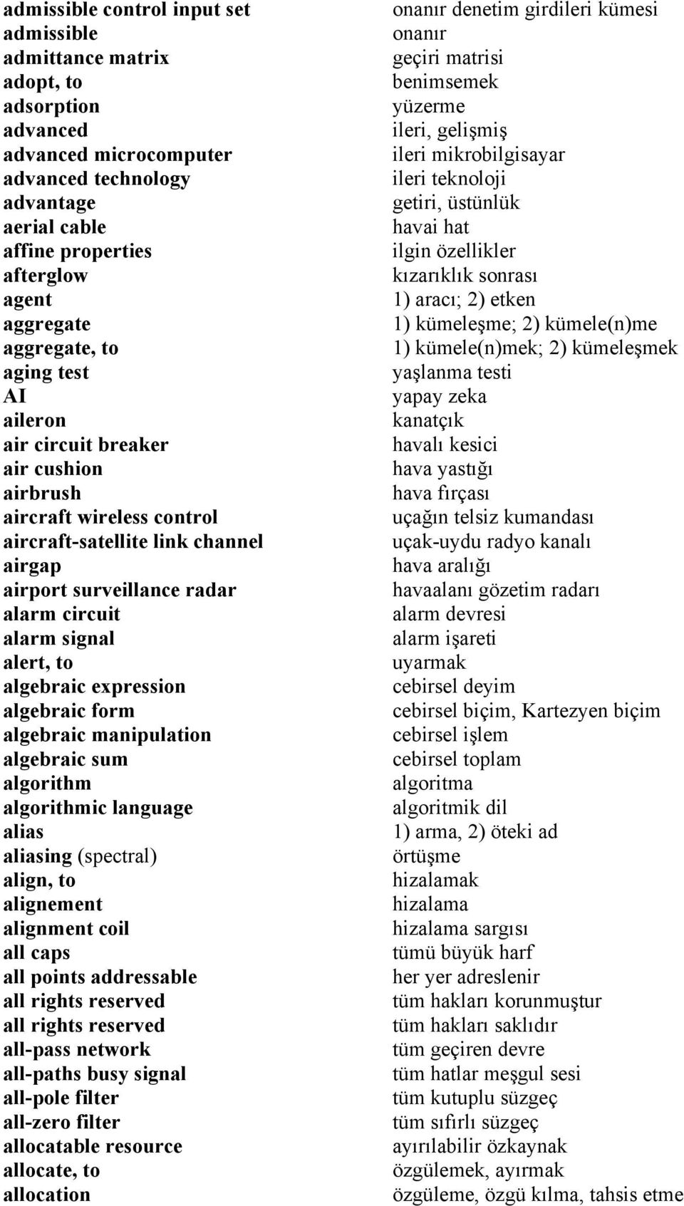 alert, to algebraic expression algebraic form algebraic manipulation algebraic sum algorithm algorithmic language alias aliasing (spectral) align, to alignement alignment coil all caps all points