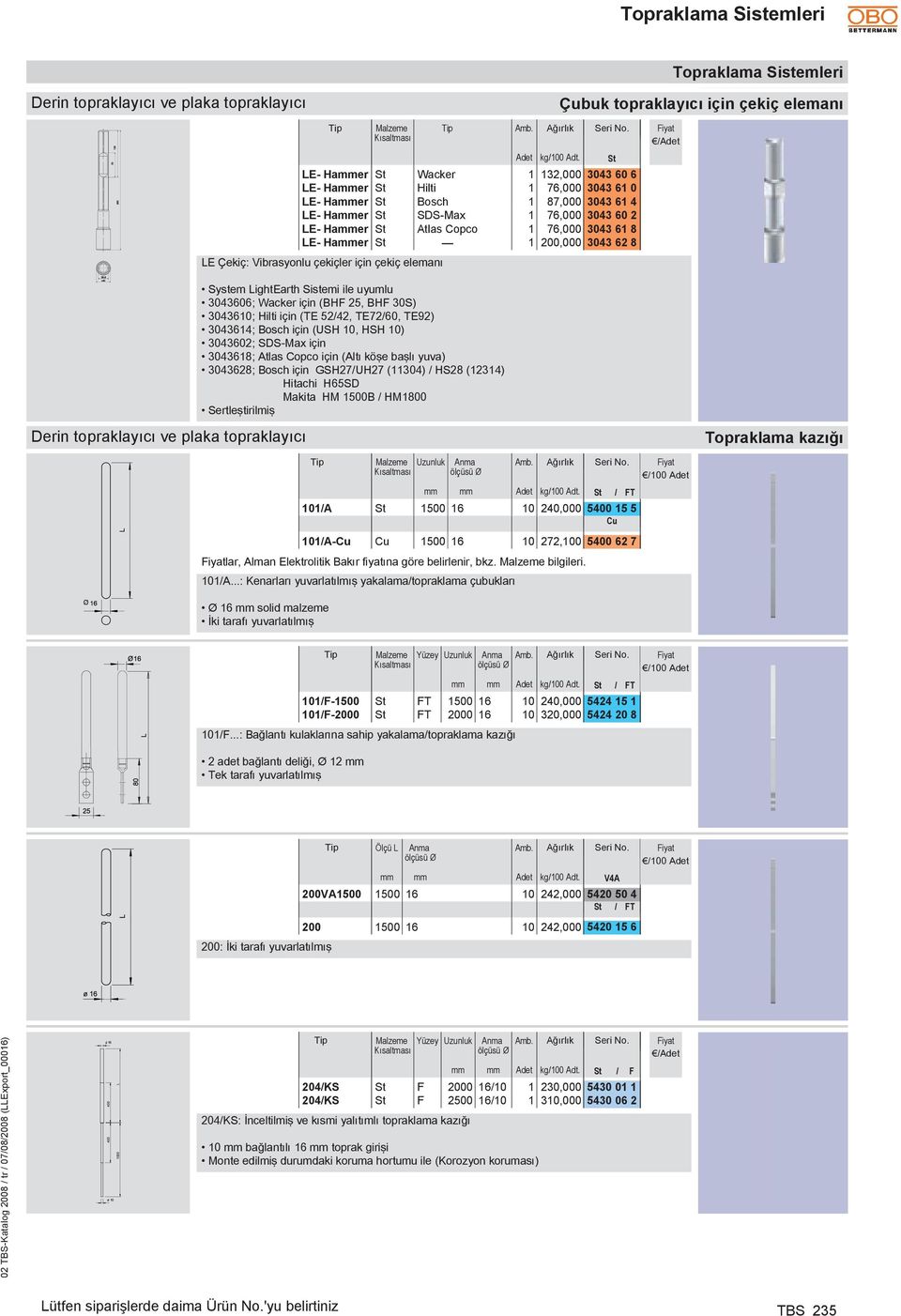St 1 200,000 3043 62 8 LE Çekiç: Vibrasyonlu çekiçler çekiç elemanı System LightEarth Sistemi ile uyumlu 30436; Wacker (HF 25, HF 30S) 3043610; Hilti (TE 52/42, TE72/, TE92) 3043614; osch (USH 10,