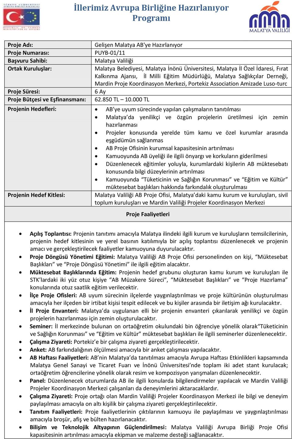 Sağlıkçılar Derneği, Mardin Proje Koordinasyon Merkezi, Portekiz Association Amizade Luso-turc 6 Ay 62.850 TL 10.