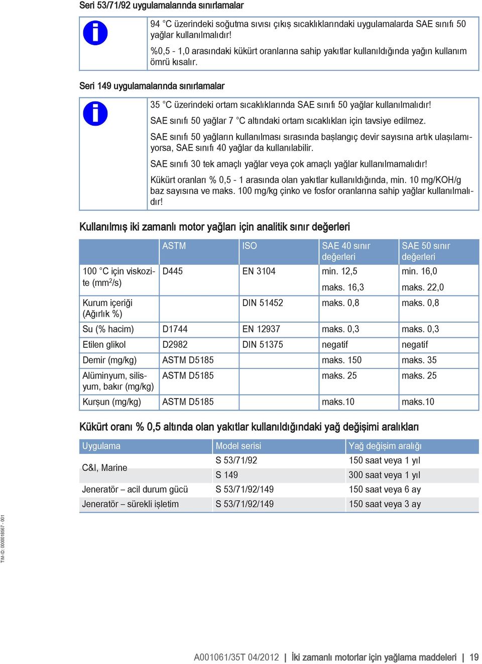 Seri 149 uygulamalarında sınırlamalar 35 C üzerindeki ortam sıcaklıklarında SAE sınıfı 50 yağlar kullanılmalıdır! SAE sınıfı 50 yağlar 7 C altındaki ortam sıcaklıkları için tavsiye edilmez.