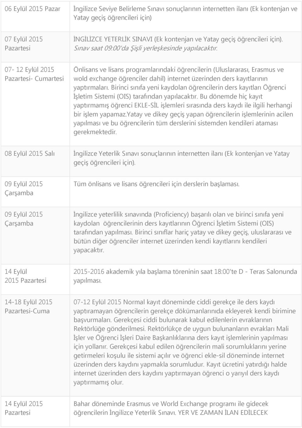 07-12 Eylül 2015 Pazartesi- Cumartesi Önlisans ve lisans programlarındaki öğrencilerin (Uluslararası, Erasmus ve wold exchange öğrenciler dahil) internet üzerinden ders kayıtlarının yaptırmaları.