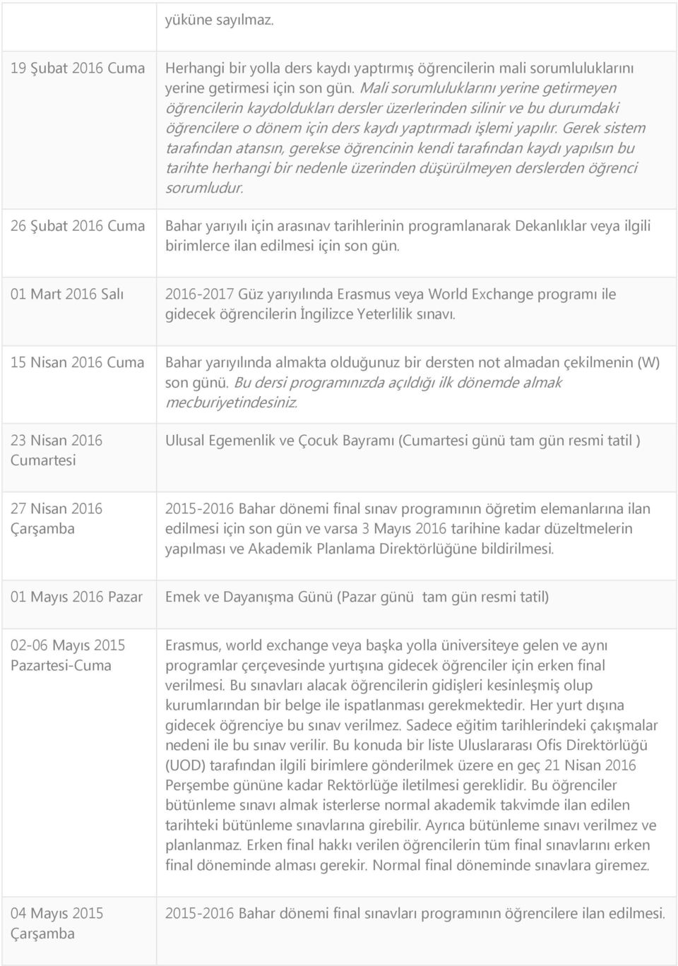 Gerek sistem tarafından atansın, gerekse öğrencinin kendi tarafından kaydı yapılsın bu tarihte herhangi bir nedenle üzerinden düşürülmeyen derslerden öğrenci sorumludur.