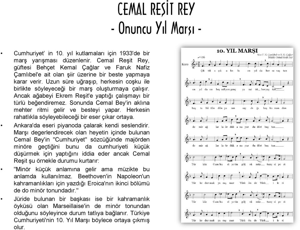 Uzun süre uğraşıp, herkesin coşku ile birlikte söyleyeceği bir marş oluşturmaya çalışır. Ancak ağabeyi Ekrem Reşit'e yaptığı çalışmayı bir türlü beğendiremez.