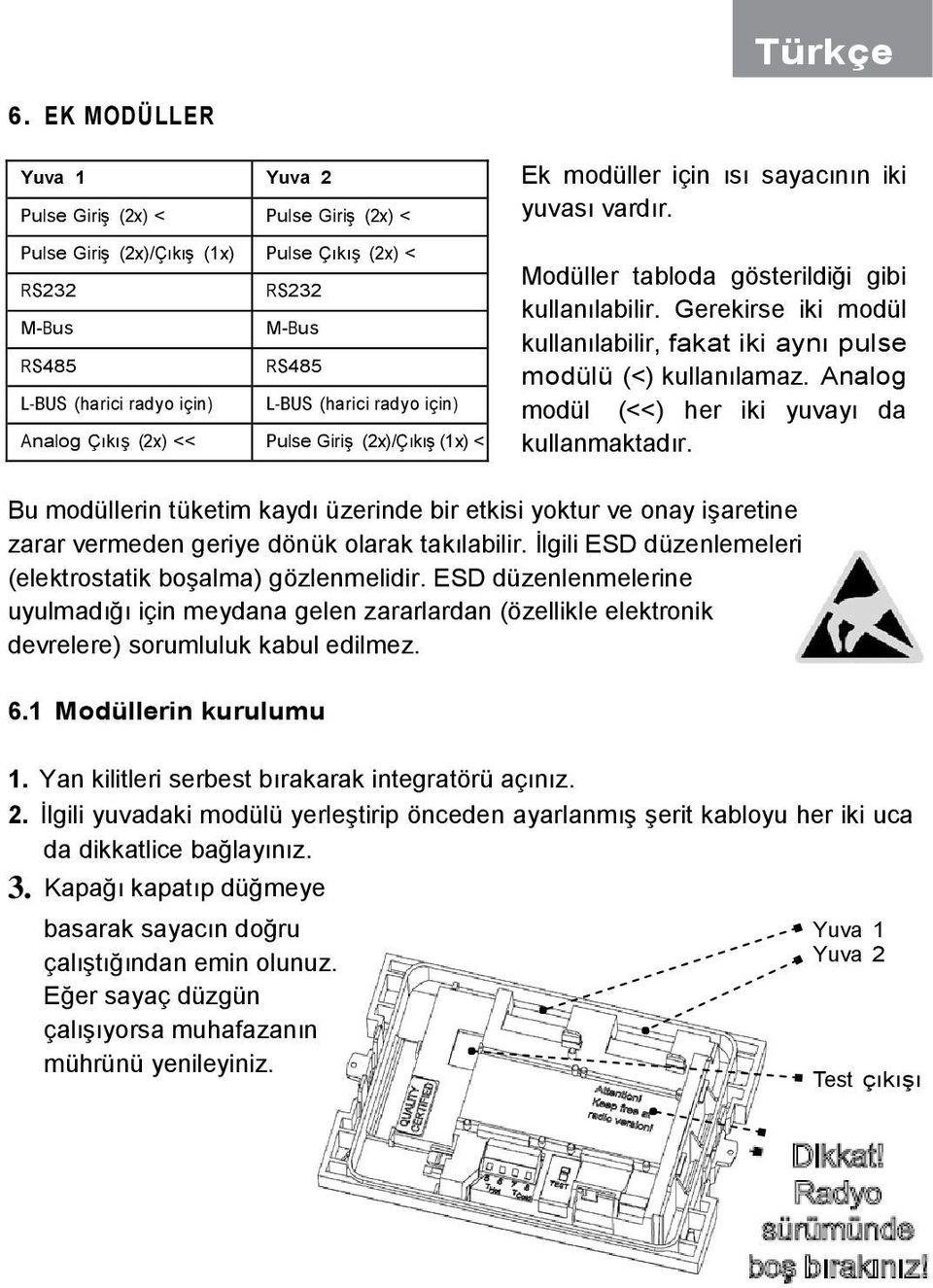 Gerekirse iki modül kullanılabilir, fakat iki aynı pulse modülü (<) kullanılamaz. Analog modül (<<) her iki yuvayı da kullanmaktadır.