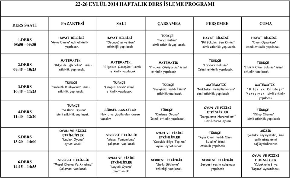 Bilge nin Ç orapları isimli Problem Çözüyorum isimli Farkları Bulalım İsimli İlişkili Olanı Bulalım isimli Dikkatli D inliyorum isimli Hangisi Farklı isimli Hangimiz Farklı İsimli Noktaları