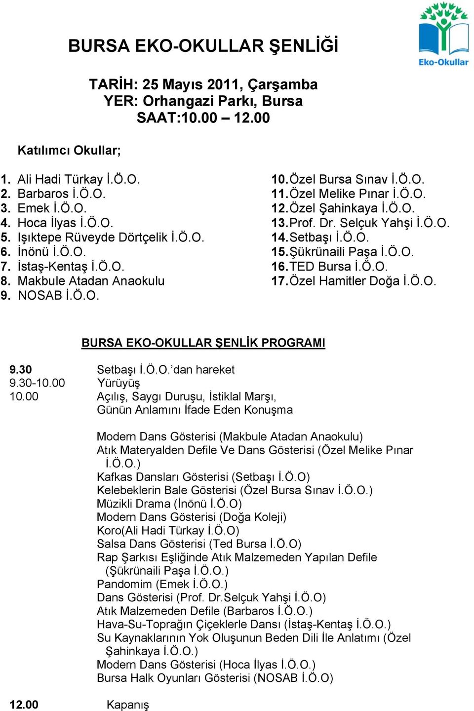 Setbaşı İ.Ö.O. 15. Şükrünaili Paşa İ.Ö.O. 16. TED Bursa İ.Ö.O. 17. Özel Hamitler Doğa İ.Ö.O. BURSA EKO-OKULLAR ŞENLİK PROGRAMI 9.30 Setbaşı İ.Ö.O. dan hareket 9.30-10.00 Yürüyüş 10.