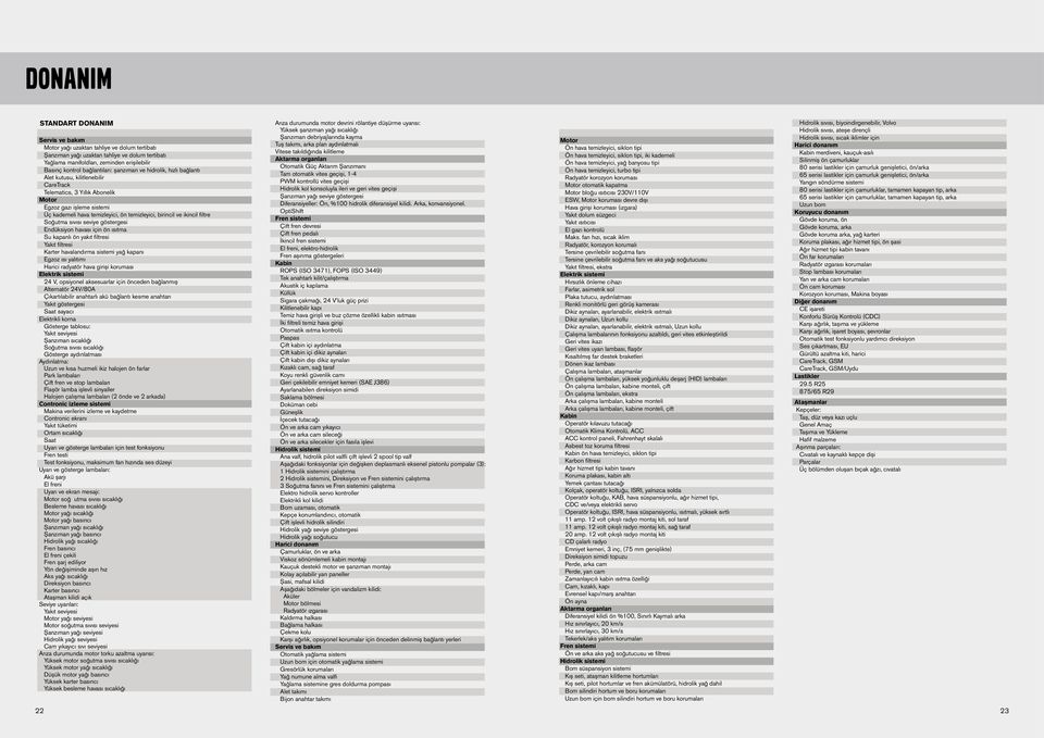 birincil ve ikincil filtre Soğutma sıvısı seviye göstergesi Endüksiyon havası için ön ısıtma Su kapanlı ön yakıt filtresi Yakıt filtresi Karter havalandırma sistemi yağ kapanı Egzoz ısı yalıtımı