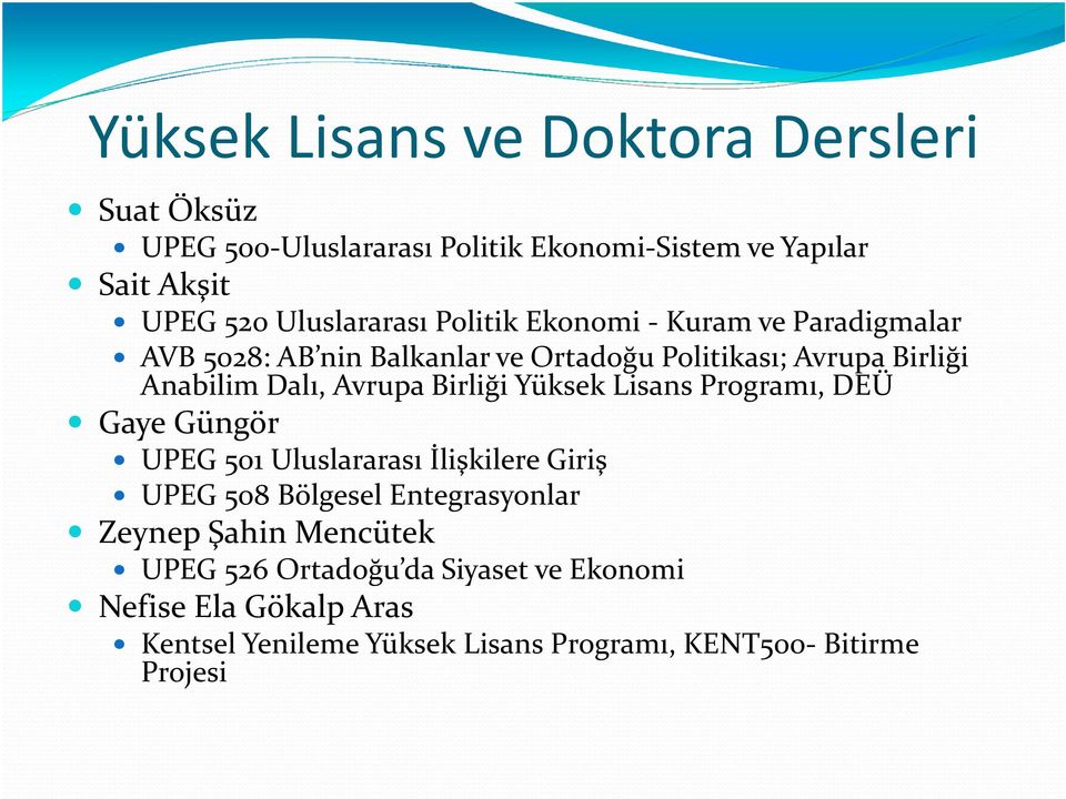 Dalı, Avrupa Birliği Yüksek Lisans Programı, DEÜ Gaye Güngör UPEG 501 Uluslararası İlişkilere Giriş UPEG 508 Bölgesel Entegrasyonlar