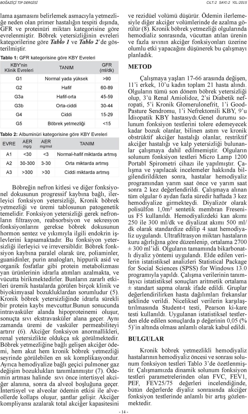 Tablo 1: GFR kategorisine göre KBY Evreleri KBY'nin TANIM Klinik Evreleri EVRE GFR (ml/dk) G1 Normal yada yüksek >90 G2 Hafif 60-89 G3a Hafif-orta 45-59 G3b Orta-ciddi 30-44 G4 Ciddi 15-29 G5 Böbrek