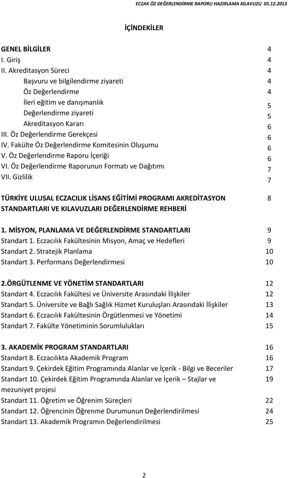 Gizlilik TÜRKİYE ULUSAL ECZACILIK LİSANS EĞİTİMİ PROGRAMI AKREDİTASYON STANDARTLARI VE KILAVUZLARI DEĞERLENDİRME REHBERİ 1. MİSYON, PLANLAMA VE DEĞERLENDİRME STANDARTLARI Standart 1.