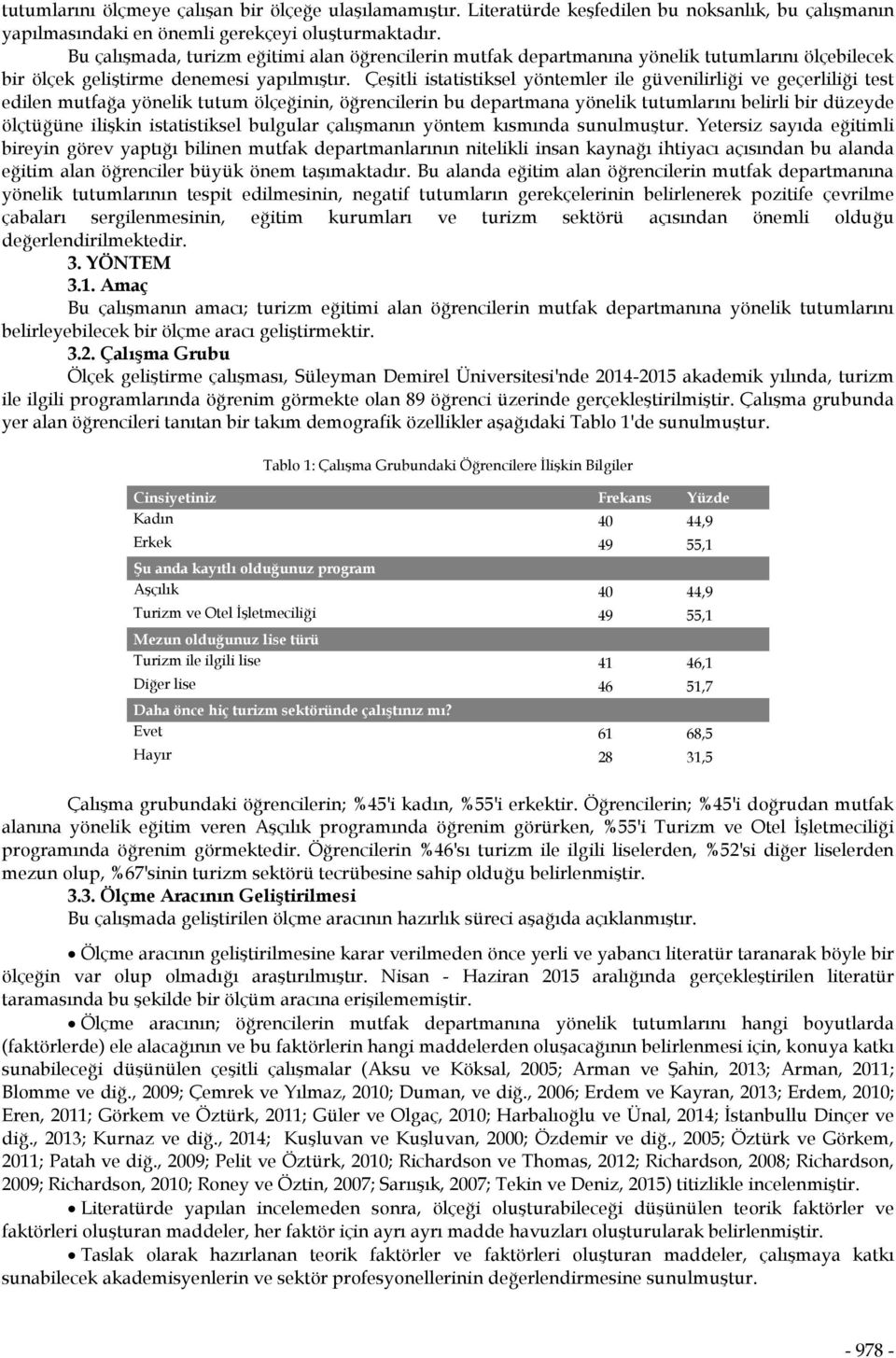 Çeşitli istatistiksel yöntemler ile güvenilirliği ve geçerliliği test edilen mutfağa yönelik tutum ölçeğinin, öğrencilerin bu departmana yönelik tutumlarını belirli bir düzeyde ölçtüğüne ilişkin