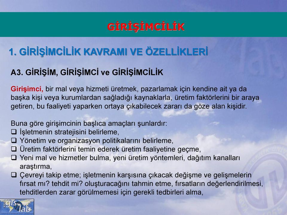 Buna göre girişimcinin başlıca amaçları şunlardır: İşletmenin stratejisini belirleme, Yönetim ve organizasyon politikalarını belirleme, Üretim faktörlerini temin ederek üretim faaliyetine