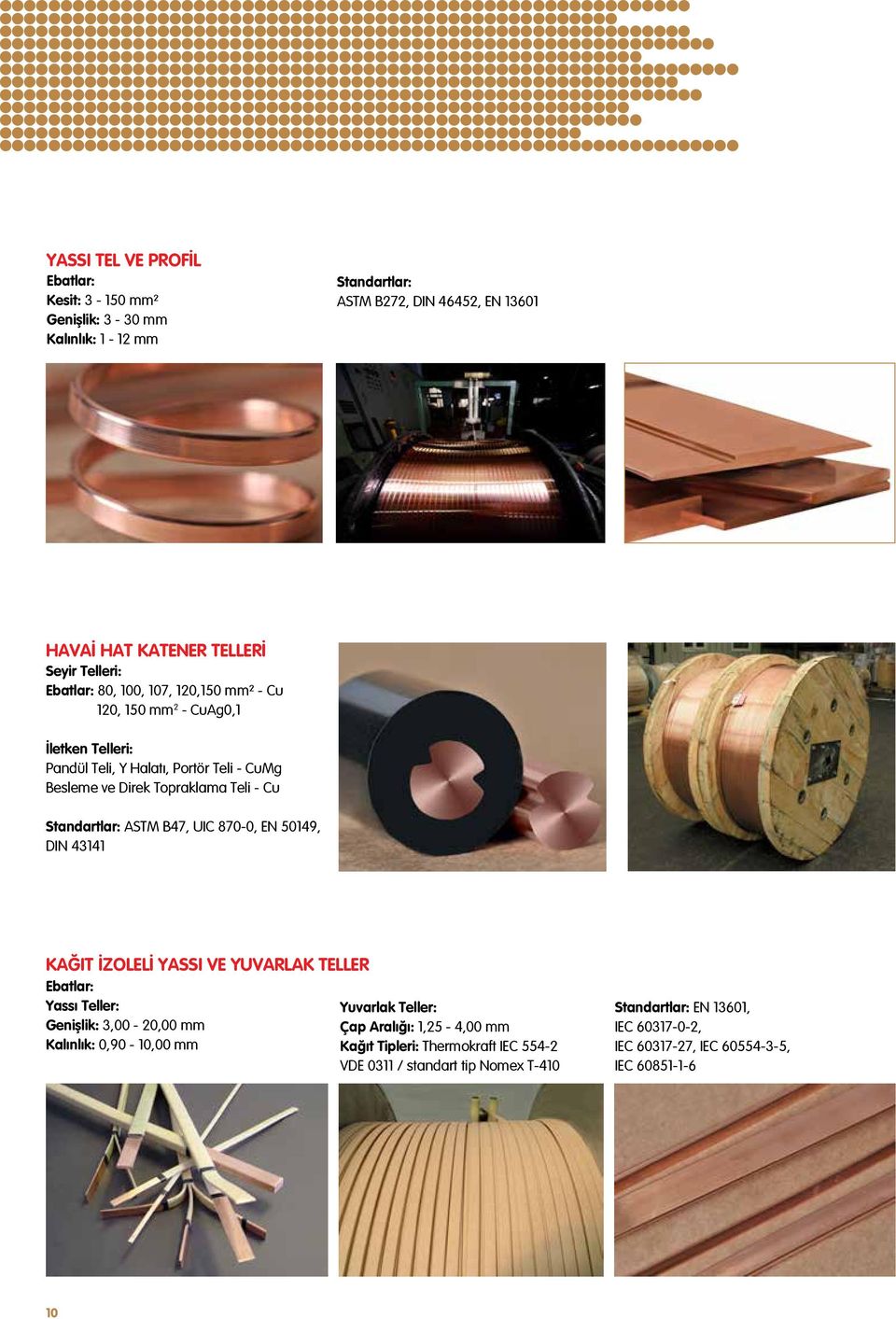 Standartlar: ASTM B47, UIC 870-0, EN 50149, DIN 43141 KAĞIT İZOLELİ YASSI VE YUVARLAK TELLER Ebatlar: Yassı Teller: Yuvarlak Teller: Genişlik: 3,00-20,00 mm Çap Aralığı: