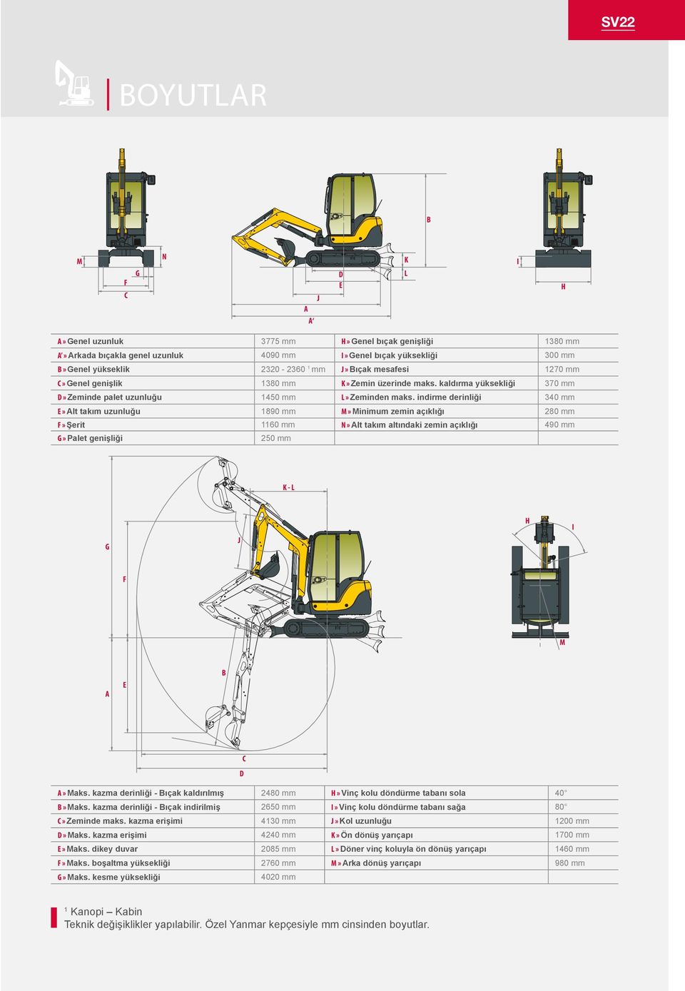 indirme derinliği 340 mm E» Alt takım uzunluğu 1890 mm M» Minimum zemin açıklığı 280 mm F» Şerit 1160 mm N» Alt takım altındaki zemin açıklığı 490 mm G» Palet genişliği 250 mm K - L G J H I F M A E B