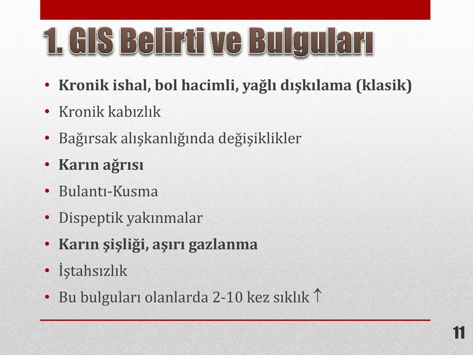 Bulantı-Kusma Dispeptik yakınmalar Karın şişliği, aşırı