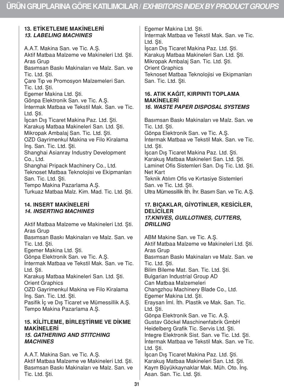 14. INSERT MAKİNELERİ 14. INSERTING MACHINES Aktif Matbaa Malzeme ve Makineleri Egemer Makina Gönpa Elektronik San. ve Karakuş Matbaa Makineleri San. Orient Graphics İnş. San. 15.