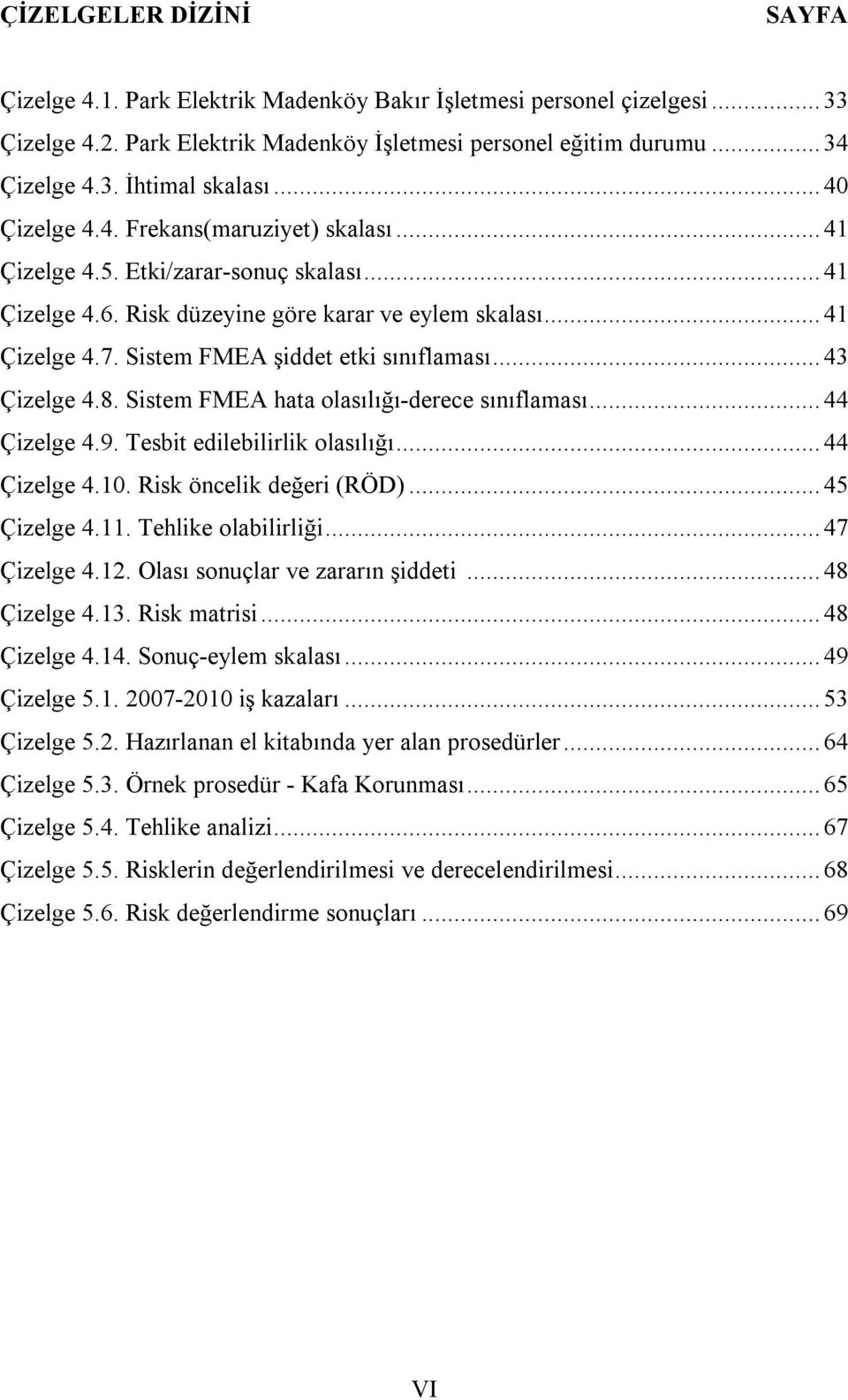 Sistem FMEA şiddet etki sınıflaması... 43 Çizelge 4.8. Sistem FMEA hata olasılığı-derece sınıflaması... 44 Çizelge 4.9. Tesbit edilebilirlik olasılığı... 44 Çizelge 4.10. Risk öncelik değeri (RÖD).