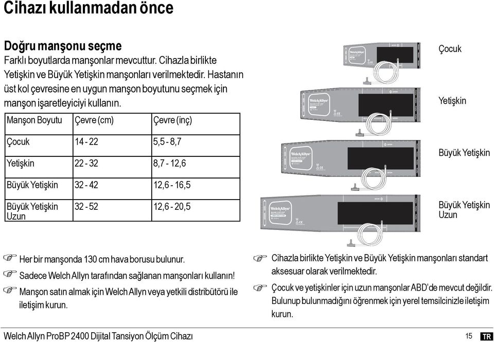 www.welchallyn.com Cihazı kullanmadan önce Doğru manşonu seçme Farklı boyutlarda manşonlar mevcuttur. Cihazla birlikte Yetişkin ve Büyük Yetişkin manşonları verilmektedir.