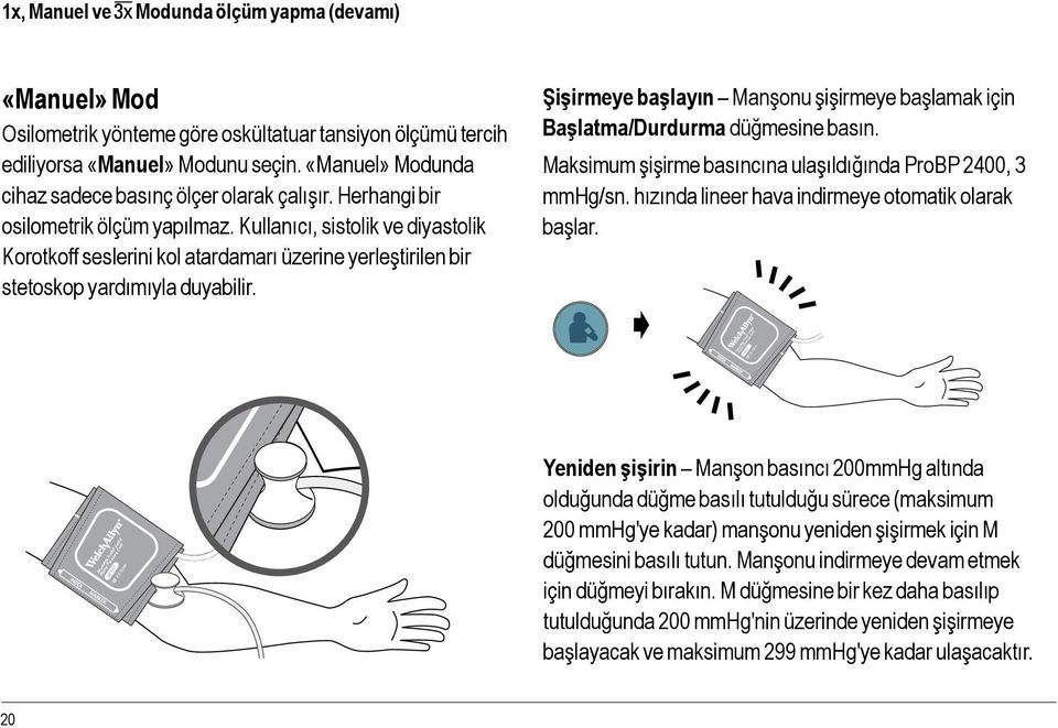 Kullanıcı, sistolik ve diyastolik Korotkoff seslerini kol atardamarı üzerine yerleştirilen bir stetoskop yardımıyla duyabilir.