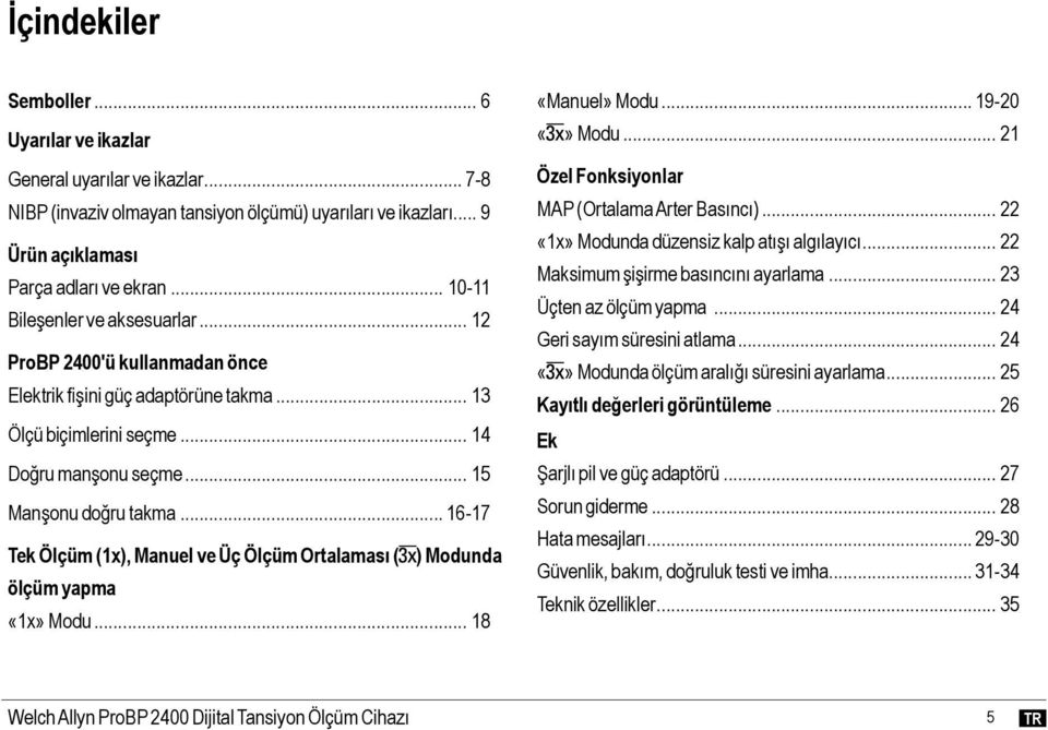 .. 16-17 Tek Ölçüm (1x), Manuel ve Üç Ölçüm Ortalaması ( ) Modunda ölçüm yapma «1x» Modu... 18 «Manuel» Modu... 19-20 Modu... 21 Özel Fonksiyonlar MAP (Ortalama Arter Basıncı).