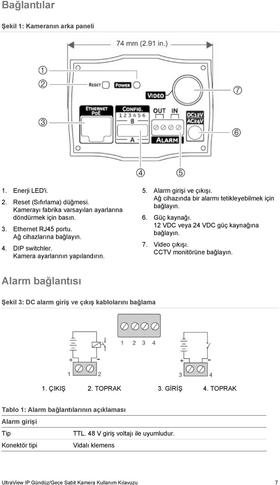 12 VDC veya 24 VDC güç kaynağına bağlayın. 7. Video çıkışı. CCTV monitörüne bağlayın. Alarm bağlantısı Şekil 3: DC alarm giriş ve çıkış kablolarını bağlama 1. ÇIKIŞ 2. TOPRAK 3.