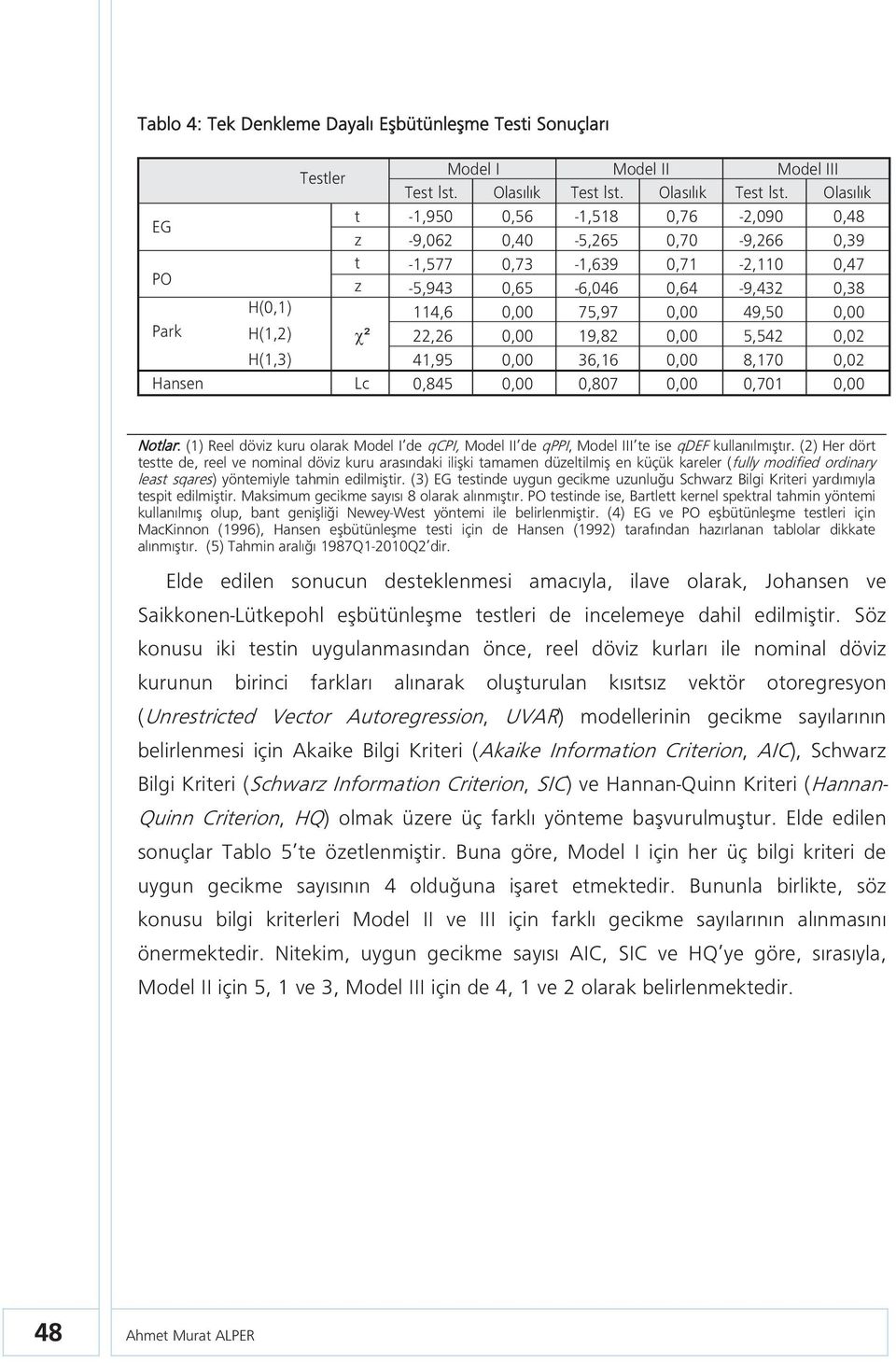 (3) EG esinde uygun gecikme uzunluğu Schwarz Bilgi Krieri yardımıyla espi edilmişir. Maksimum gecikme sayısı 8 olarak alınmışır.