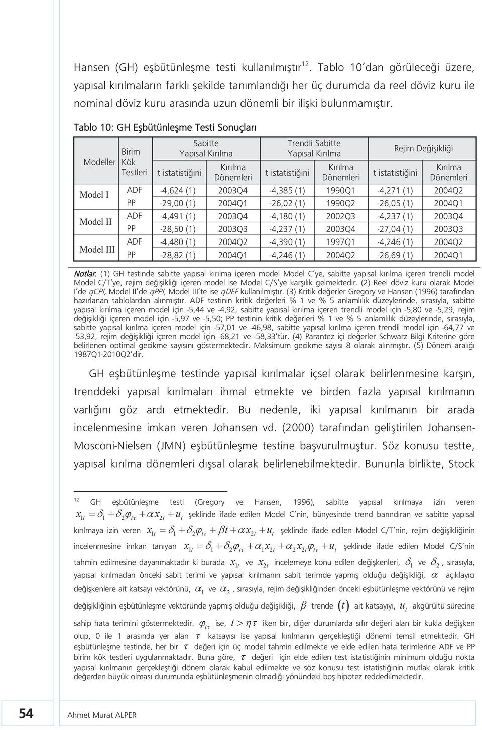 Tablo 10: GH Eşbüünleşme Tesi Sonuçları Nolar: (1) GH esinde sabie yapısal kırılma içeren model Model C ye, sabie yapısal kırılma içeren rendli model Model C/T ye, rejim değişikliği içeren model ise