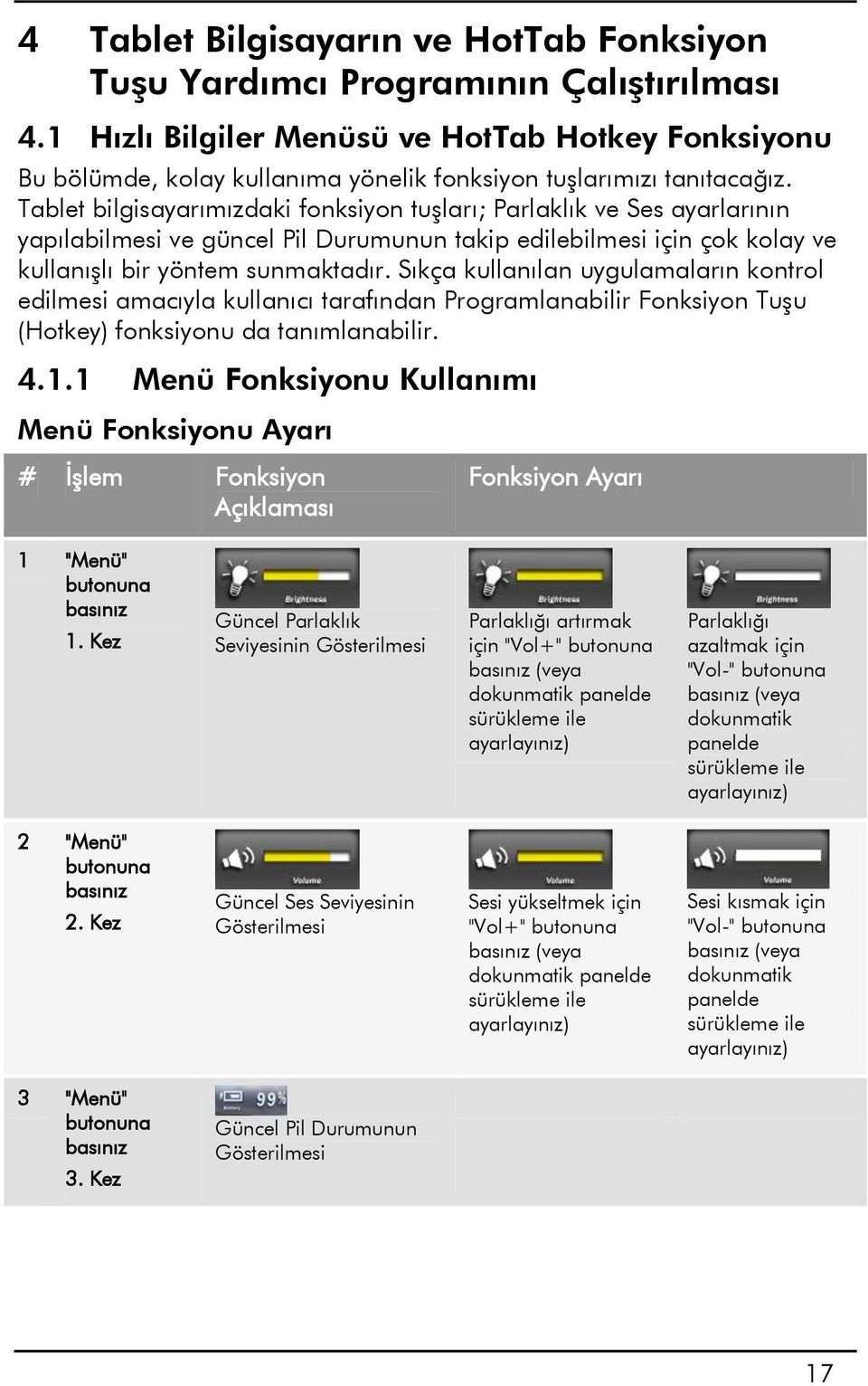 Tablet bilgisayarımızdaki fonksiyon tuşları; Parlaklık ve Ses ayarlarının yapılabilmesi ve güncel Pil Durumunun takip edilebilmesi için çok kolay ve kullanışlı bir yöntem sunmaktadır.