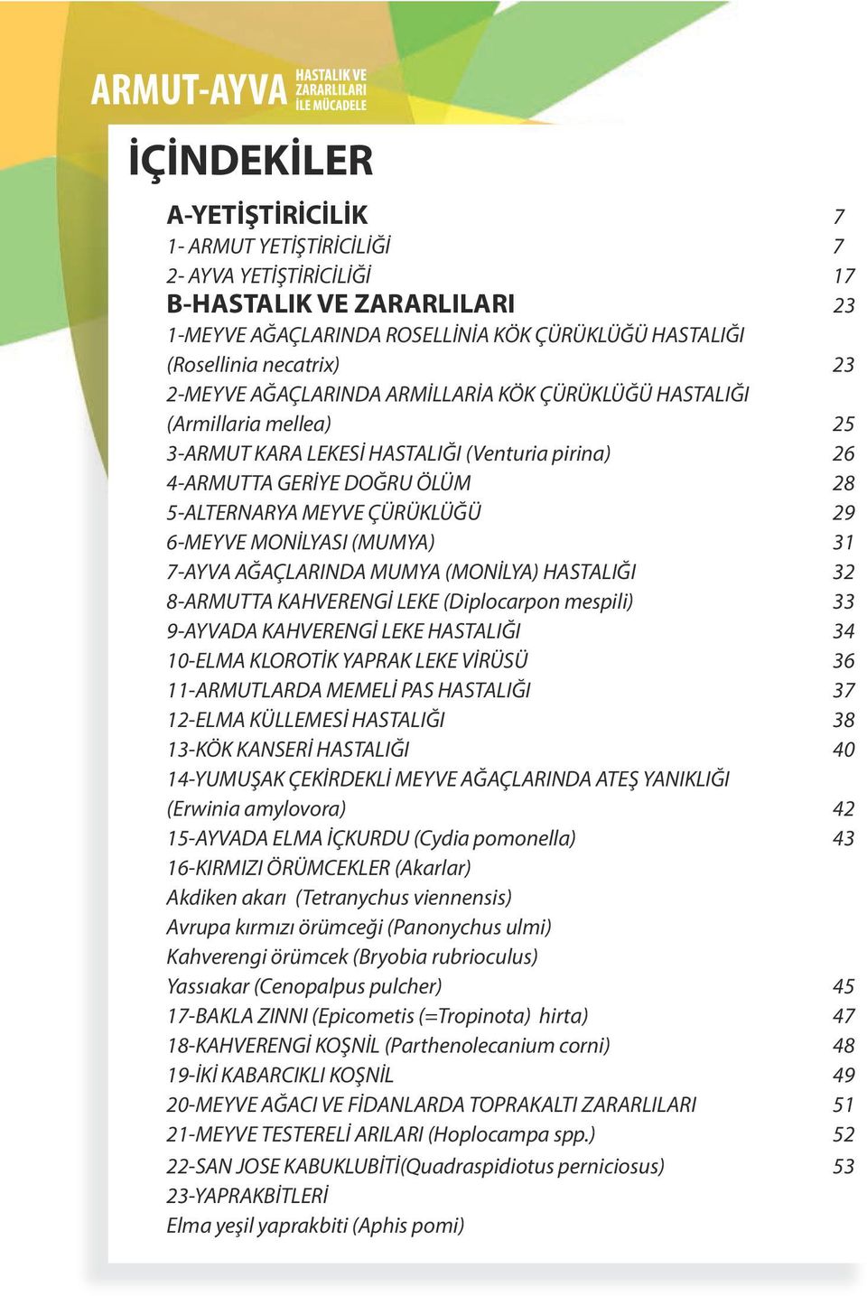 MONİLYASI (MUMYA) 31 7-AYVA AĞAÇLARINDA MUMYA (MONİLYA) HASTALIĞI 32 8-ARMUTTA KAHVERENGİ LEKE (Diplocarpon mespili) 33 9-AYVADA KAHVERENGİ LEKE HASTALIĞI 34 10-ELMA KLOROTİK YAPRAK LEKE VİRÜSÜ 36