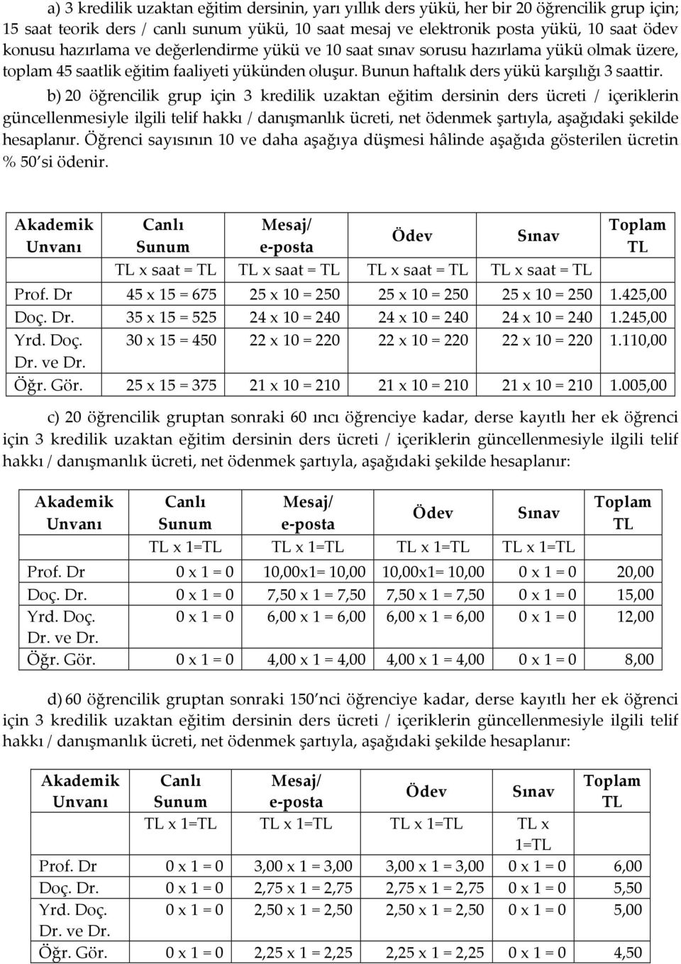 b) 20 öğrencilik grup için 3 kredilik uzaktan eğitim dersinin ders ücreti / içeriklerin güncellenmesiyle ilgili telif hakkı / danışmanlık ücreti, net ödenmek şartıyla, aşağıdaki şekilde hesaplanır.