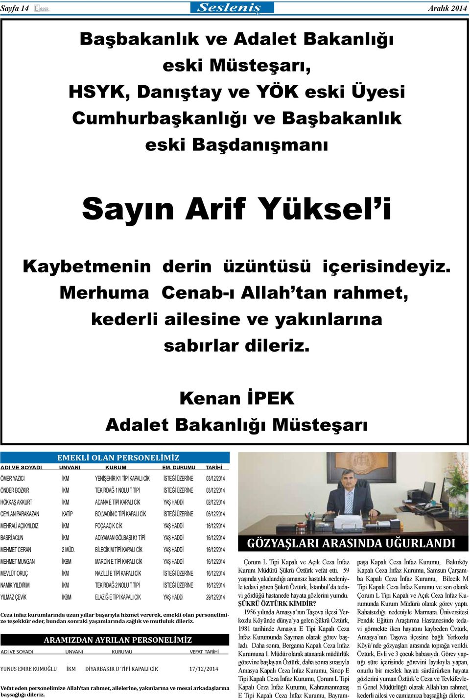 Kenan İPEK Adalet Bakanlığı Müsteşarı EMEKLİ OLAN PERSONELİMİZ ADI VE SOYADI UNVANI KURUM EM.