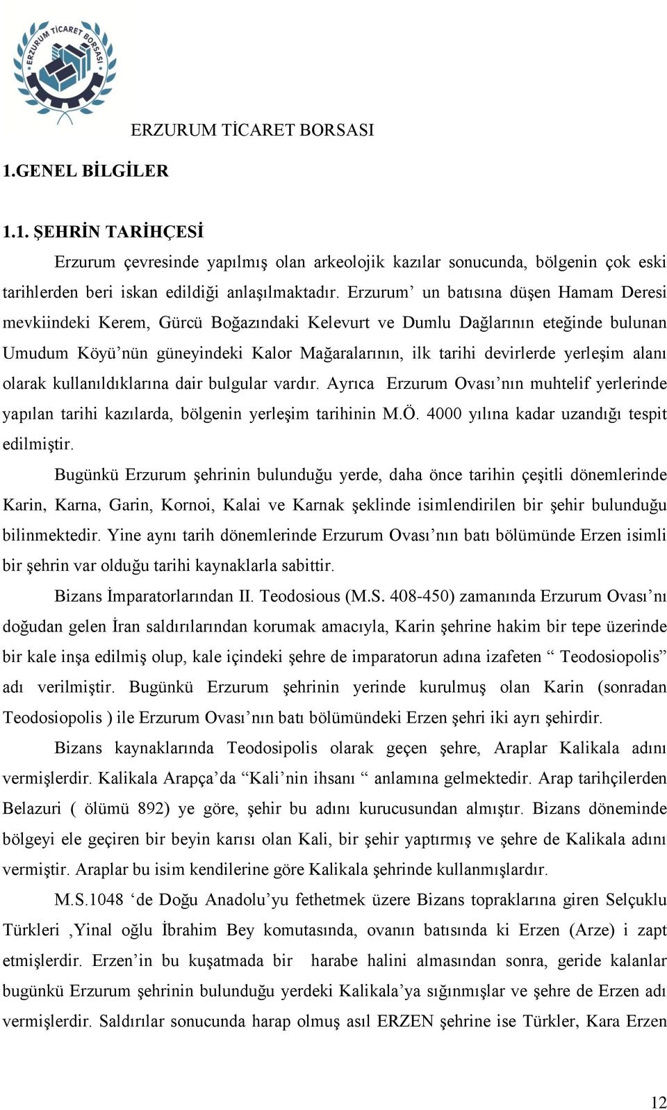 yerleşim alanı olarak kullanıldıklarına dair bulgular vardır. Ayrıca Erzurum Ovası nın muhtelif yerlerinde yapılan tarihi kazılarda, bölgenin yerleşim tarihinin M.Ö.