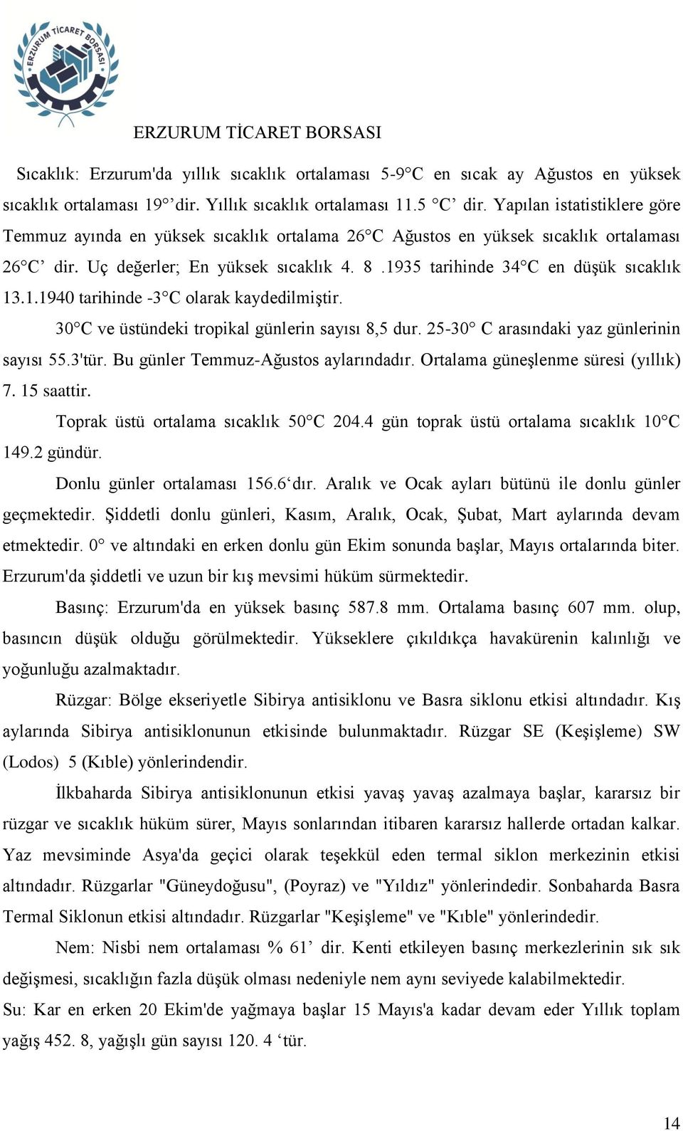 1935 tarihinde 34 C en düşük sıcaklık 13.1.1940 tarihinde -3 C olarak kaydedilmiştir. 30 C ve üstündeki tropikal günlerin sayısı 8,5 dur. 25-30 C arasındaki yaz günlerinin sayısı 55.3'tür.