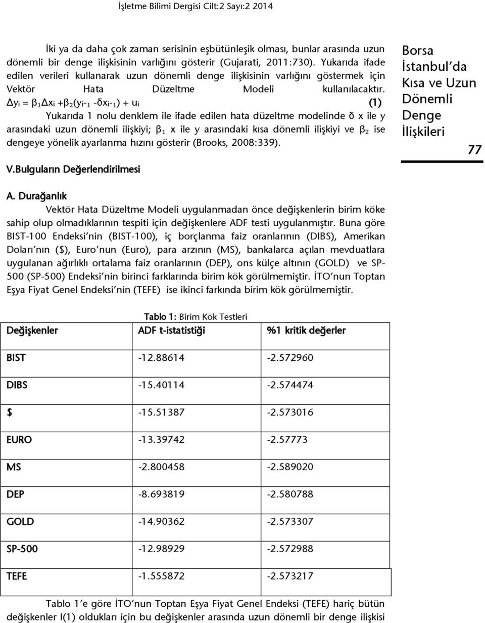 Δyᵢ = β₁δxᵢ +β₂(yᵢ-₁ -δxᵢ-₁) + uᵢ (1) Yukarıda 1 nolu denklem ile ifade edilen hata düzeltme modelinde δ x ile y arasındaki uzun dönemli ilişkiyi; β₁ x ile y arasındaki kısa dönemli ilişkiyi ve β₂