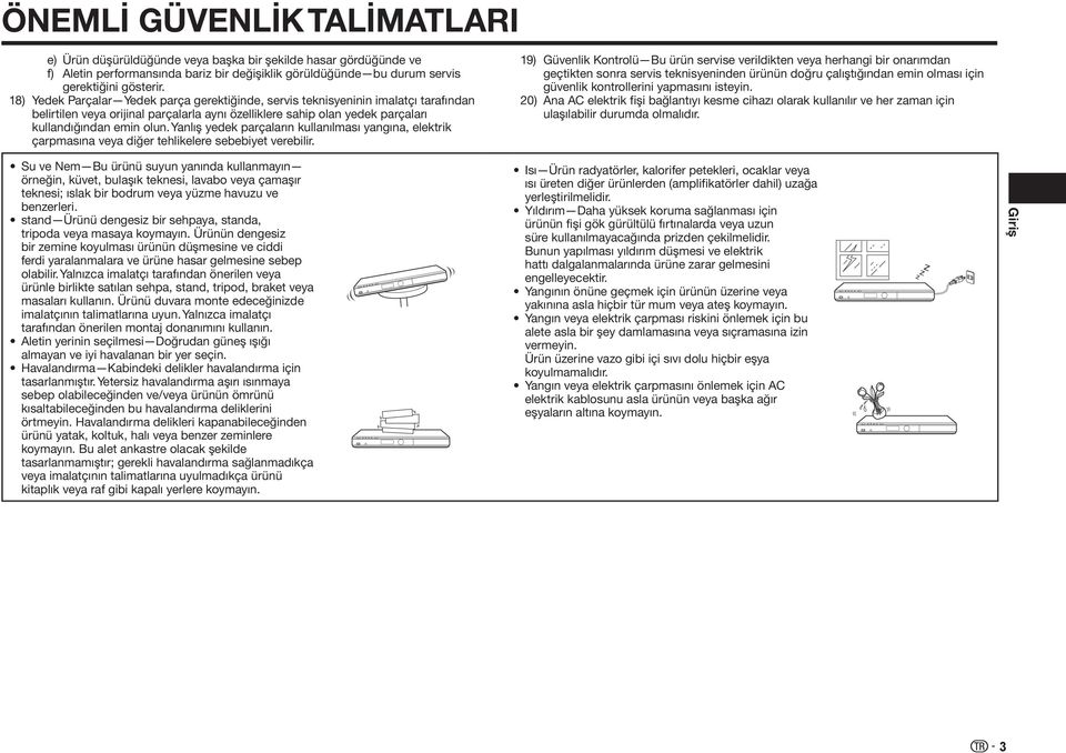 Yanlış yedek parçaların kullanılması yangına, elektrik çarpmasına veya diğer tehlikelere sebebiyet verebilir.