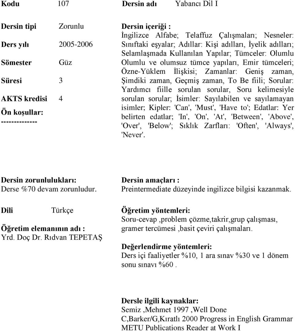 zaman, Şimdiki zaman, Geçmiş zaman, To Be fiili; Sorular: Yardımcı fiille sorulan sorular, Soru kelimesiyle sorulan sorular; İsimler: Sayılabilen ve sayılamayan isimler; Kipler: 'Can', 'Must', 'Have